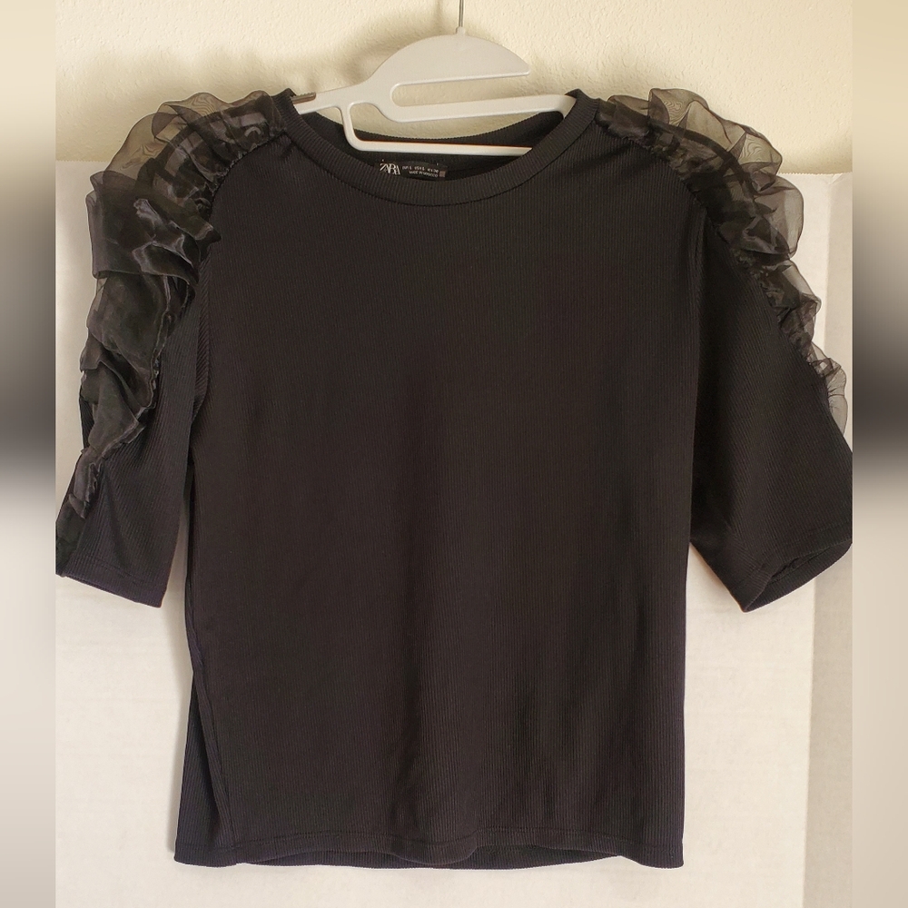 Zara Elegant Black Top with Sheer Ruffle Sleeves